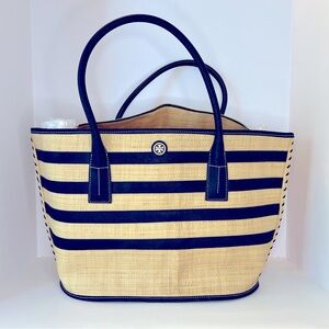 Tory Burch Leather Trimmed Straw Handle Tote Bag